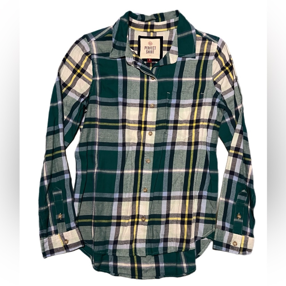 SO Green and Yellow Plaid Button Down Shirt Size M